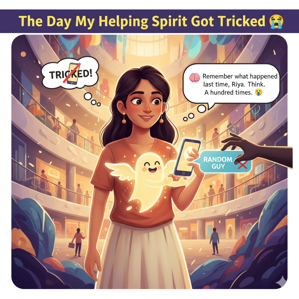 Cartoon illustration of a young woman in a mall holding a phone with a happy "helping spirit" ghost, while a hand from the side crosses out "RANDOM GUY" on the screen. Thought bubbles above her head read "TRICKED!" and "Remember what happened last time, Riya. Think. A hundred times." The image symbolizes losing trust after being scammed for a phone call.
