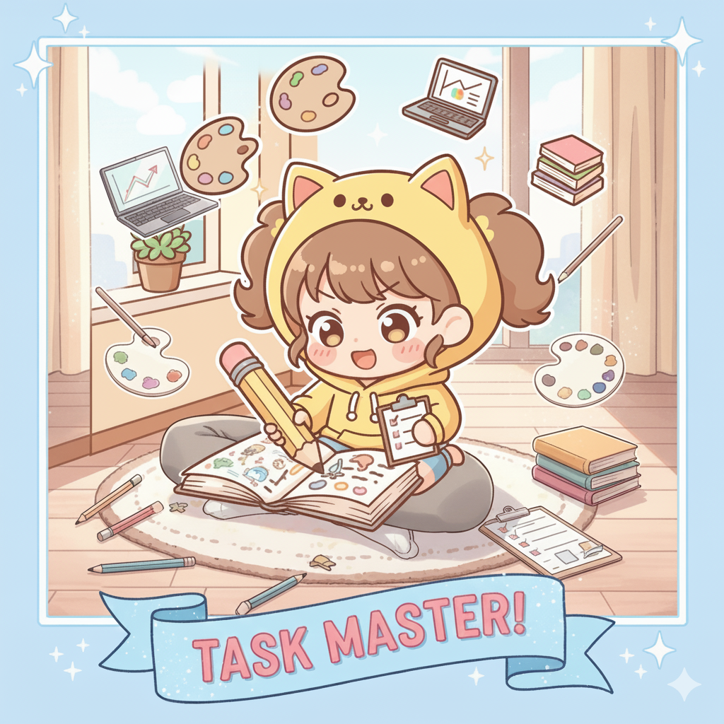 A cute chibi character wearing a yellow cat-eared hoodie sits on the floor with their legs crossed, surrounded by an open sketchbook, pencils, and stacks of books. They hold a large pencil in one hand and a small checklist in the other, smiling brightly. Various objects symbolizing creative and academic tasks float around them, including laptops, paint palettes, and clipboards. The text on a blue banner at the bottom reads: "TASK MASTER!" The image has a soft, light-blue border and a cozy, sunlit indoor setting.